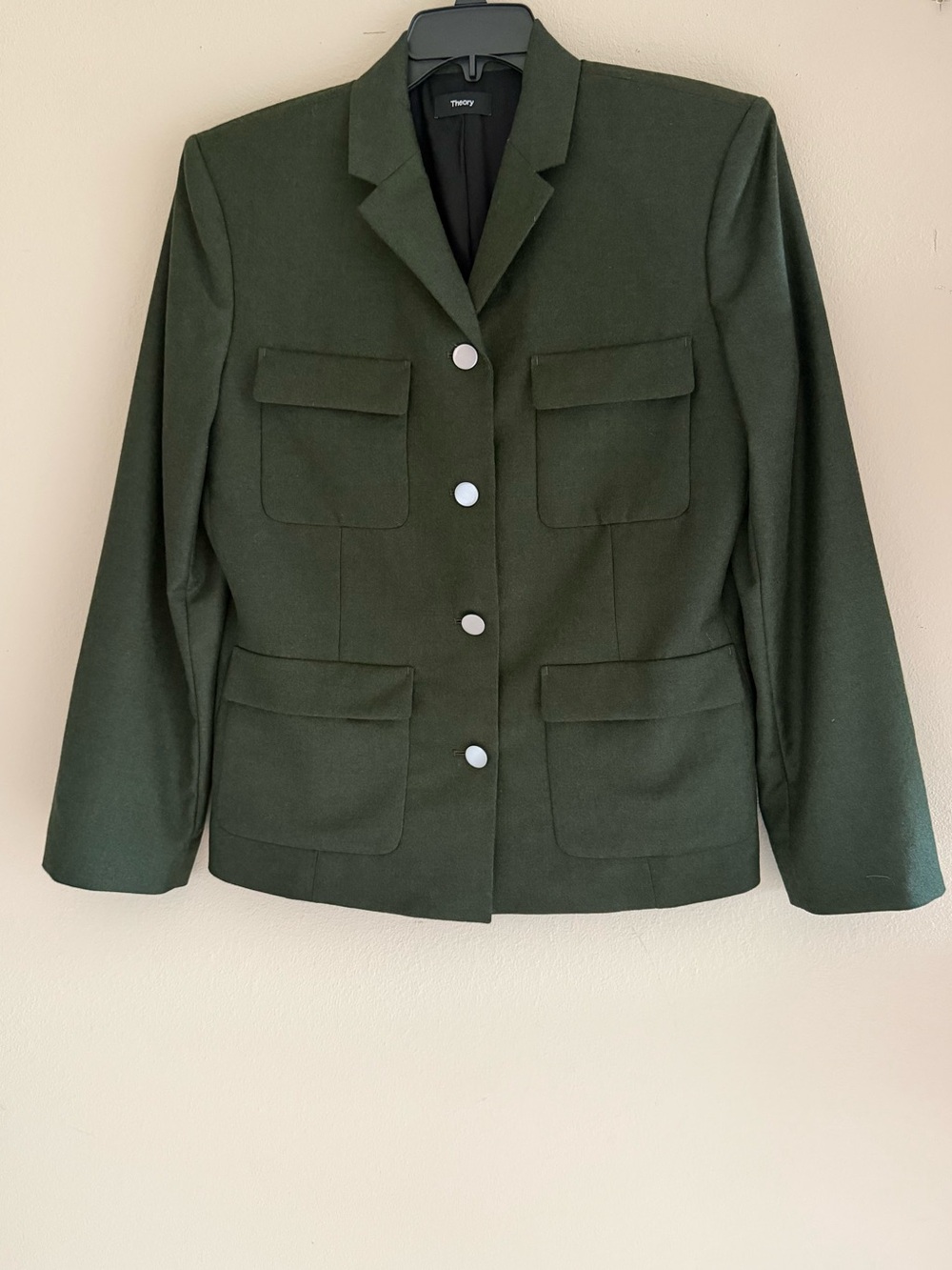 Theory Sleek Flannel Military Jacket Size 14 Hunter Green 100% Wool Blazer